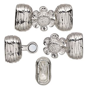 Clasp magnetic 1pkg1 silver-plated "pewter" (zinc alloy), 28x14mm flower / fits 10x4mm cord, 1-strand