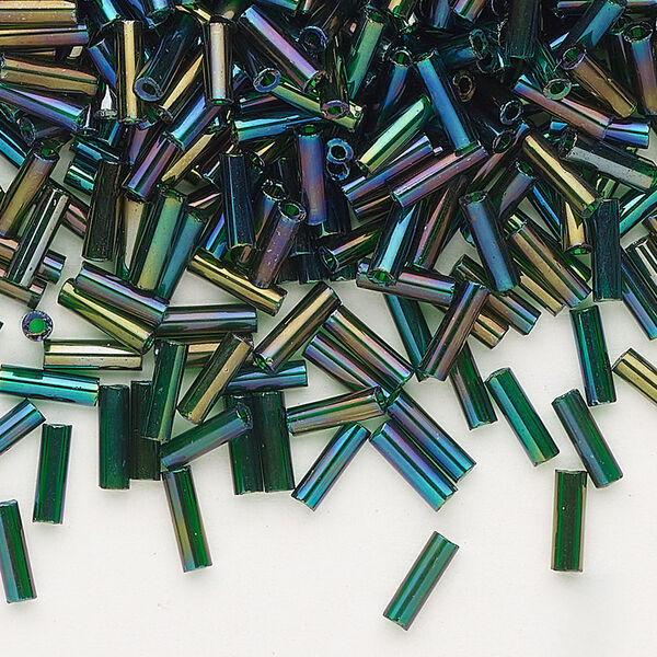 Bead, Preciosa Ornela Czech glass, bugle bead, pkg/500g, 1/4 inch, rainbow translucent dark green, (51620). image number 0