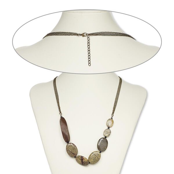 Necklace, Crazy Horse™ stone (coated) / acrylic / stained wood / antique brass-plated steel, 25 inches with 2-inch extender chain and lobster claw clasp. Sold individually. image number 0