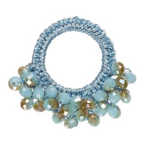 Focal, glass / nylon / steel, turquoise blue and copper, 34x32mm-37x34mm open round with fringe. Sold per pkg of 4.