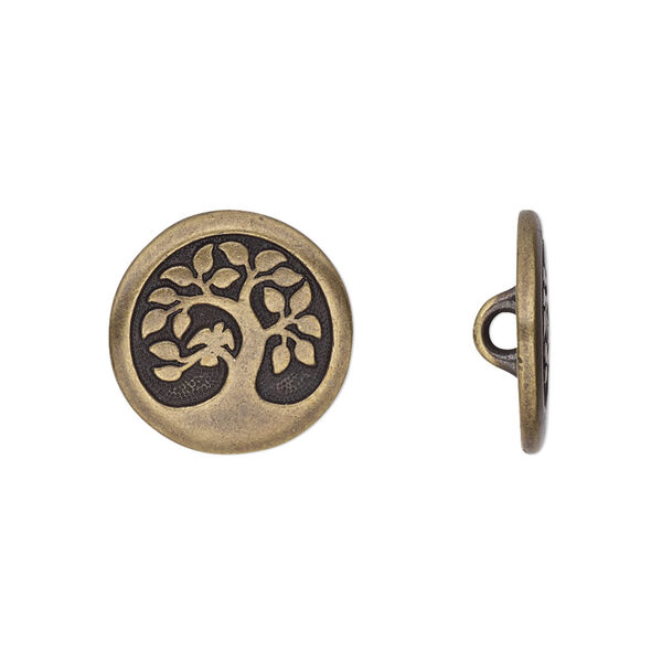 Button, TierraCast®, antique brass-plated pewter (tin-based alloy), 16mm flat round with bird in a tree and loop. Sold per pkg of 20. image number 0