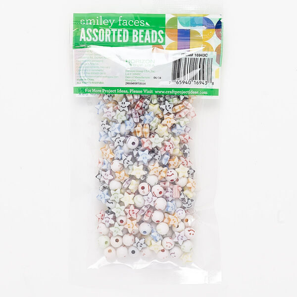 Bead mix, plastic, opaque mixed colors, 8mm round and 9x6mm star with smiley face. Sold per pkg of 300. image number 0