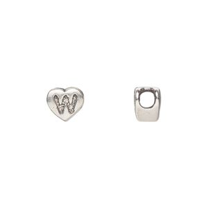 Bead, sterling silver, 7.5x7mm heart with alphabet letter "W." Sold individually.