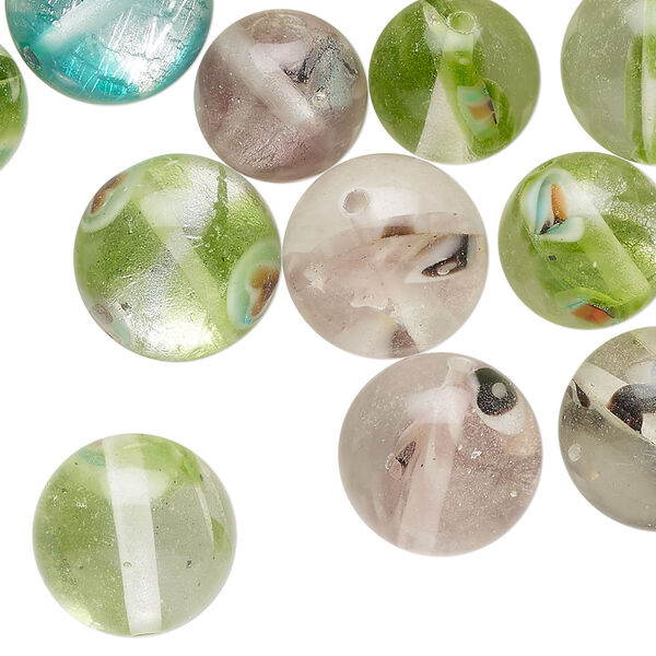 Bead mix, glass, transparent mixed colors, 10-14mm round with silver-colored foil. Sold per 3-ounce pkg, approximately 30 beads. image number 0
