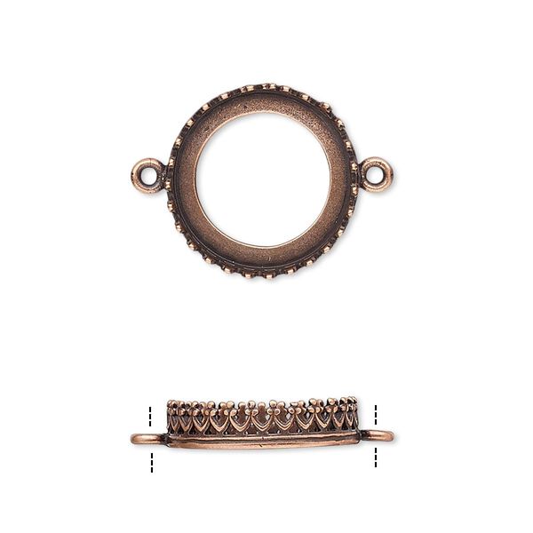 Link, JBB Findings, antique copper-plated brass, 16mm round with open back and decorative trim, 14mm round bezel setting. Sold per pkg of 2. image number 0
