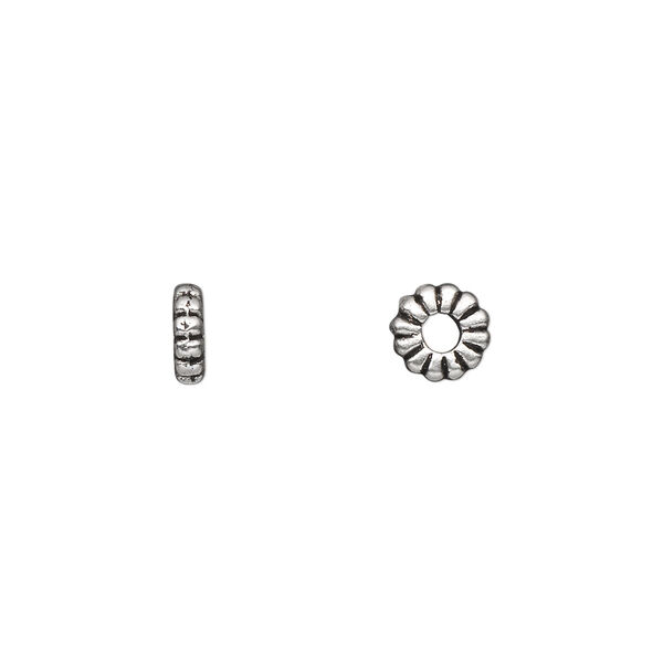 Bead, antique silver-plated "pewter" (zinc-based alloy), 7x2mm double-sided corrugated rondelle. Sold per pkg of 100. image number 0