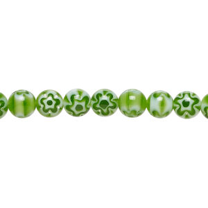 Bead, millefiori glass 1pkg1, translucent dark green and white, 6mm round, 15 inches.
