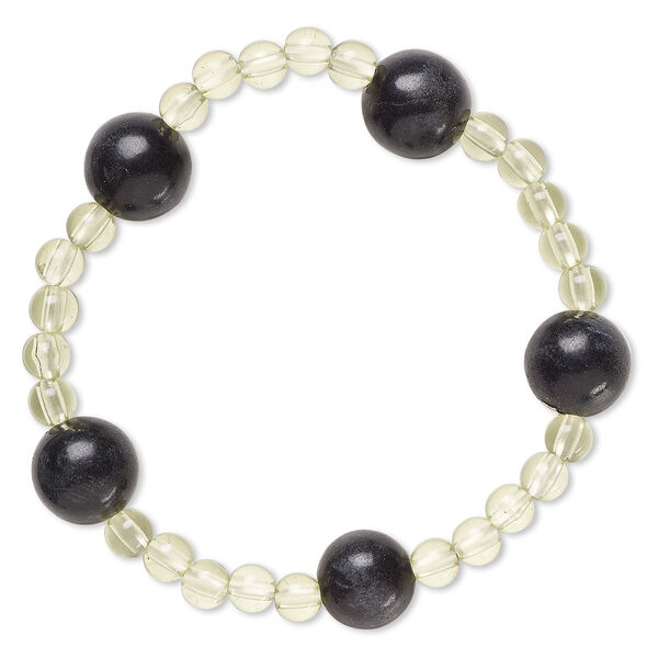 Bracelet, stretch, blackstone (dyed) and acrylic, light green, 5mm and 12-13mm round, 6-1/2 inches. Sold individually. image number 0