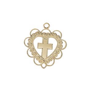 Drop, gold-plated brass, 20x19mm heart with cross. Sold per pkg of 4.