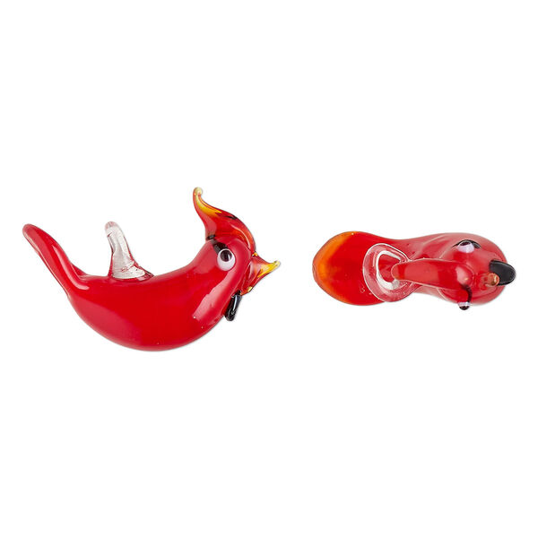 Drop, lampworked glass, opaque and translucent red / black / white, 20x11mm-25x15mm cardinal. Sold per pkg of 2. image number 0