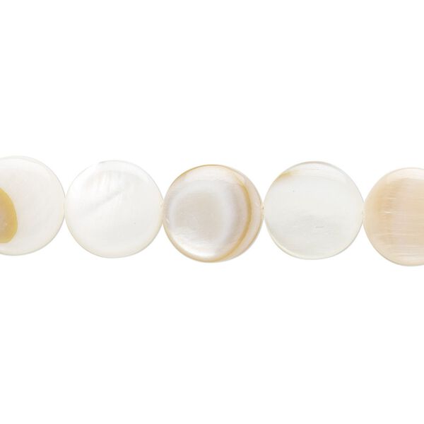 Bead, mother-of-pearl shell (natural / bleached), white, 10mm flat round with 0.6-0.8mm hole, Mohs hardness 3-1/2. Sold per 15-1/2" to 16" strand. image number 0