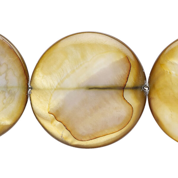 Mother-of-pearl shell 1pkg1, puffed flat round bead 15 inch golden brown 29-30mm image number 0