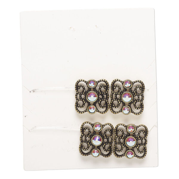 Bead, spacer, "pewter" (zinc-based alloy) and glass, pkg/4, 16x15mm 2-strand fancy square, fits up to 8.5mm beads, antique gold finish and clear AB. image number 0