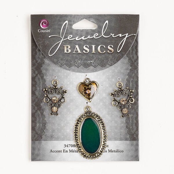 Focal and drop assortment 1pkg4, antique gold-finished brass / enamel / glass, brown / green / peach, assorted sizes and shapes. image number 0