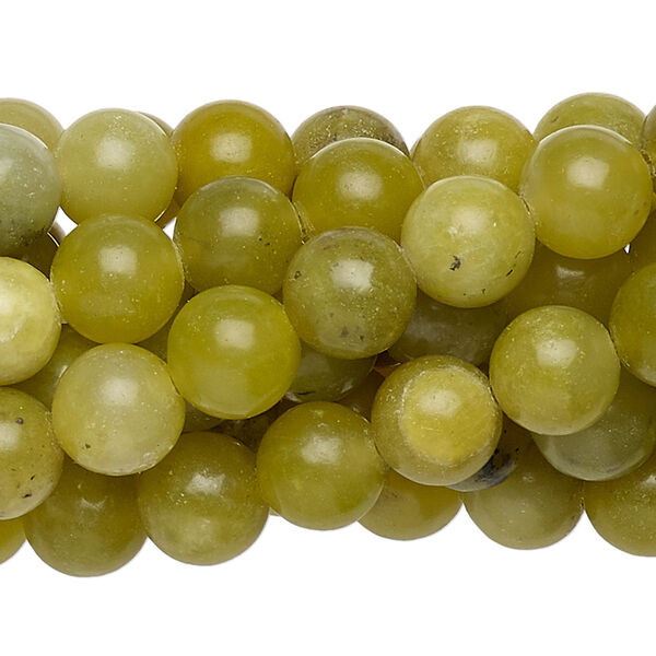 Bead, olive new "jade" (serpentine) (natural), 8mm round, C grade, Mohs hardness 2-1/2 to 6. Sold per pkg of (10) 15-1/2" to 16" strands. image number 0