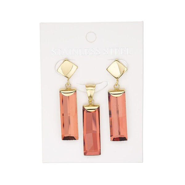 Pendant and earring, glass and gold-finished stainless steel, burgundy red, 31x10mm faceted rectangle pendant, 29mm earring with faceted rectangle and post. Sold per set. image number 0