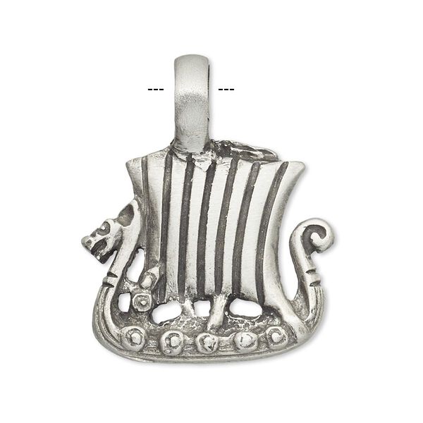 Pendant, antique pewter (tin-based alloy), 32x27mm Viking ship. Sold individually. image number 0