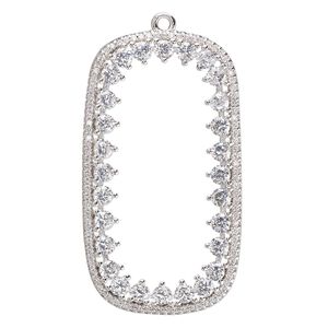 Focal, cubic zirconia and silver-plated brass, clear, 44x24.5mm single-sided open rounded rectangle. Sold individually.