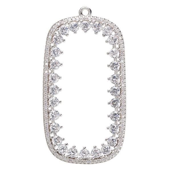 Focal, cubic zirconia and silver-plated brass, clear, 44x24.5mm single-sided open rounded rectangle. Sold individually. image number 0
