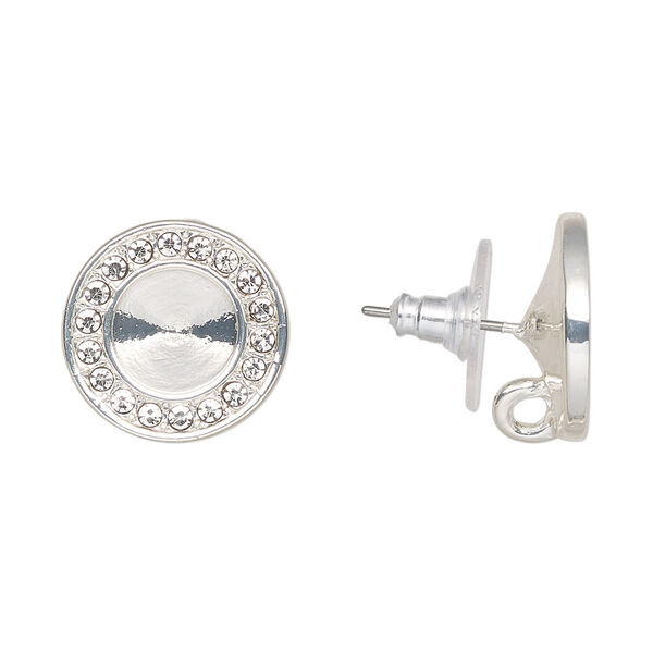Earstud, Almost Instant Jewelry®, cubic zirconia / silver-finished "pewter" (zinc-based alloy) / plastic, clear, 15mm round with SS39 rivoli setting and hidden closed loop. Sold per pair. image number 0