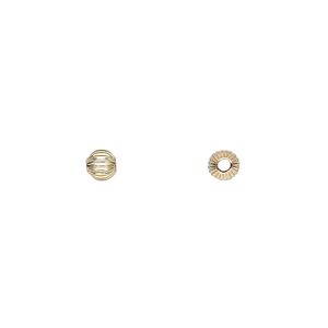 Bead, 14Kt gold-filled, 4mm corrugated round. Sold per pkg of 2.