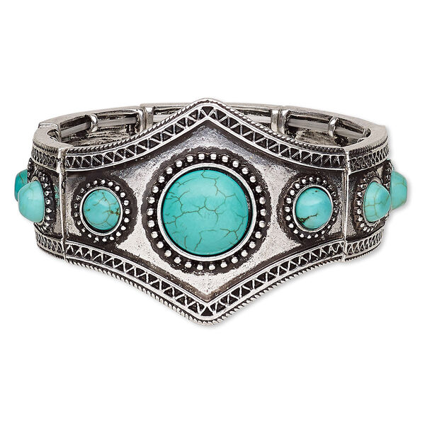 Bracelet, stretch, magnesite (dyed / stabilized) and antique silver-plated "pewter" (zinc-based alloy), blue, 42mm wide with round, 7 inches. Sold individually. image number 0