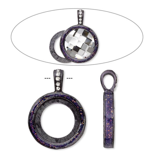 Pendant, Almost Instant Jewelry®, epoxy / crystals / gunmetal-finished "pewter" (zinc-based alloy), amethyst purple and crystal clear with glitter, 33x24mm single-sided with 20mm round setting. Sold individually. image number 0