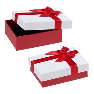 Gift box, cardboard / paper / velveteen / nylon, red shimmer / white / black, 1 x 2-1/2 x 3-1/2 inch rectangle with ribbon and bow. Sold per pkg of 12.