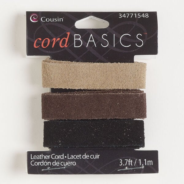 Cord assortment 1pkg3, leather, tan / brown / black, 13mm flat, 14 inches. image number 0