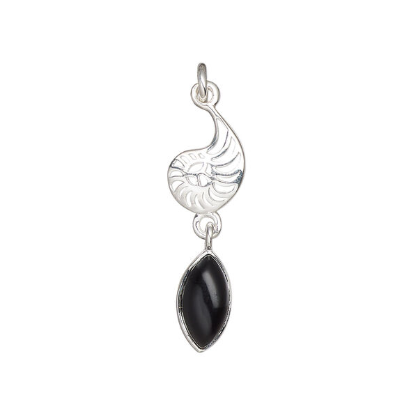 Black onyx / sterling silver 1pkg1, antiqued nautilus drop 26x8mm image number 1