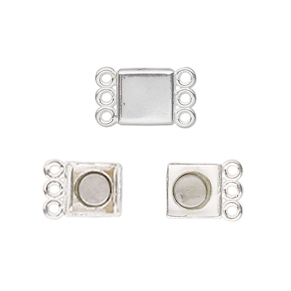 Clasp, JBB Findings, 3-strand magnetic, sterling silver, 8.5x8.5mm square. Sold individually. image number 0