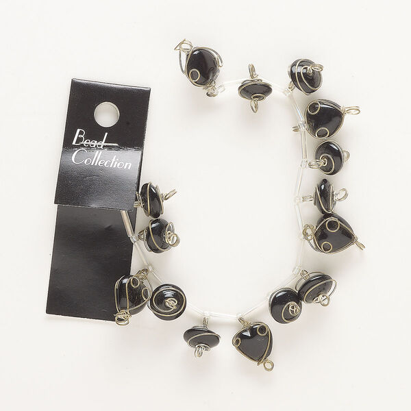 Link mix, antique gold-finished brass and glass, black, 13mm wire-wrapped heart and 11x6mm wire-wrapped saucer. Sold per pkg of 15. image number 0