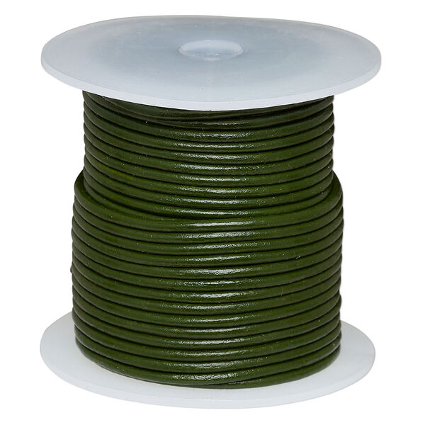 Cord, leather (dyed), dark green, 2mm round. Sold per 25-yard spool. image number 0