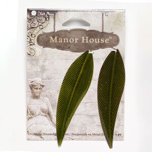 Focal, antique brass-finished steel, green, 3x3/4 inch leaf. Sold per pkg of 2 focals.