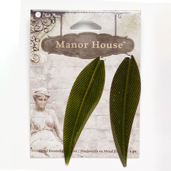 Focal, antique brass-finished steel, green, 3x3/4 inch leaf. Sold per pkg of 2 focals. image number 0