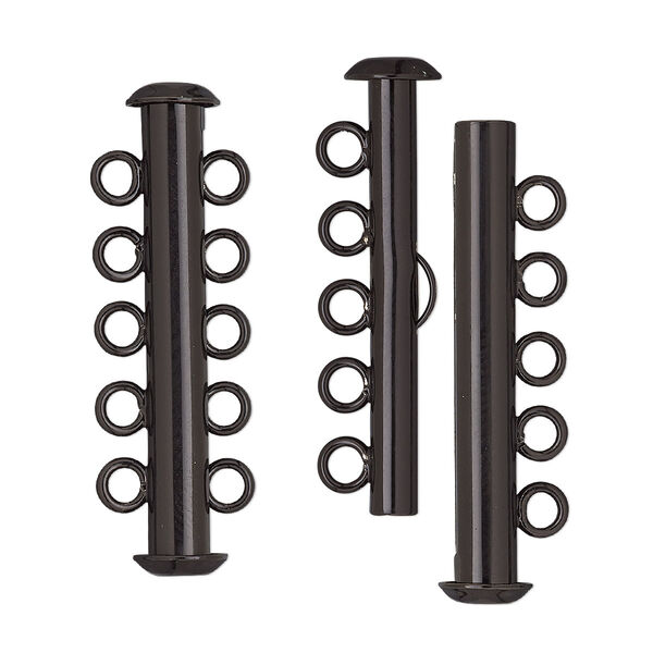 Clasp, 5-strand slide lock, electro-coated brass, black, 31x6mm tube. Sold per pkg of 2. image number 0