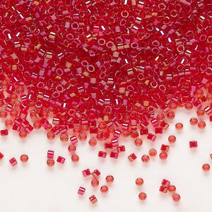 Seed bead, Delica®, glass, pkg/7.5g, #11 round, translucent scarlet-lined luster crystal clear (DB-2374).