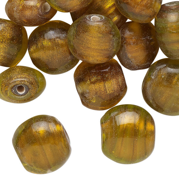 Bead, lampworked glass, translucent golden yellow with silver-colored foil, 13mm puffed flat round. Sold per 2-ounce pkg, approximately 25 beads. image number 0