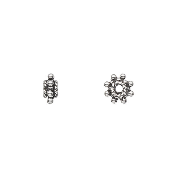 Bead, antiqued sterling silver, 7x3mm beaded rondelle. Sold per 1-troy ounce pkg, approximately 60-80 beads. image number 0