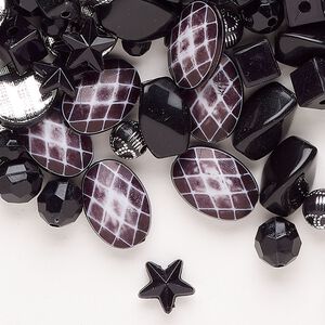 Bead 1pkg96 acrylic, 6mm-18x13mm mixed shapes, mix black / silver / white
