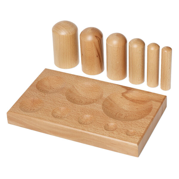 Dapping block and punch, wood, 10-3/4 x 6-1/2 x 1 inches. Sold per 7-piece set. image number 0