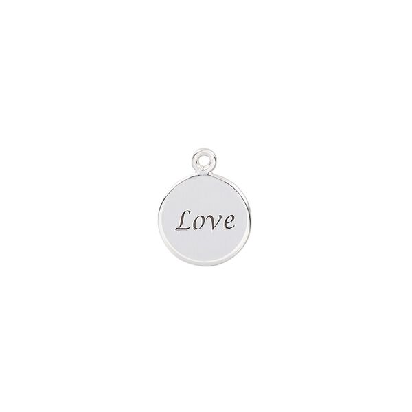 Drop, enamel and sterling silver, black, 10mm single-sided round with "Love." Sold individually. image number 0