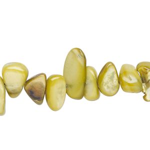 Bead, mother-of-pearl shell (dyed), olive green, small to extra-large chip, Mohs hardness 3-1/2. Sold per 30-inch strand.