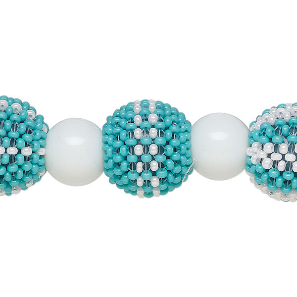 Bead, glass, opaque turquoise blue and white, 13mm round and 10mm round. Sold per 6-inch strand, approximately 7 beads. image number 0