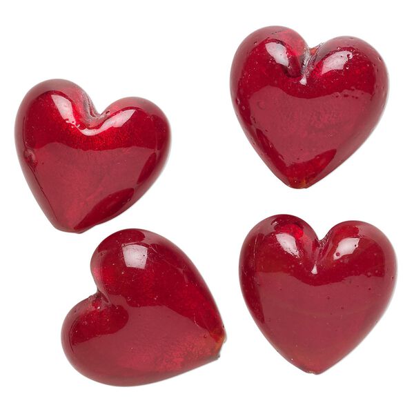 Bead, lampworked glass, pkg/4, opaque and translucent dark red with silver-colored foil, 18-21mm puffed heart. image number 0