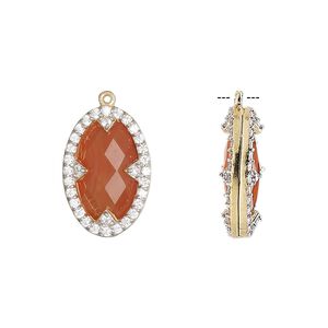 Drop, carnelian (dyed / heated) / cubic zirconia / gold-finished sterling silver, clear, 18x12mm double-sided faceted oval. Sold individually.