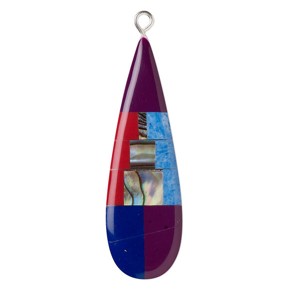 Focal, paua shell (assembled) / resin / silver-finished copper, multicolored, 42x13mm single-sided flat teardrop. Sold individually. image number 0