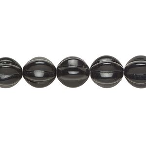 Bead, Czech pressed glass, opaque black, 10mm corrugated round. Sold per 7-inch strand, approximately 15 beads.