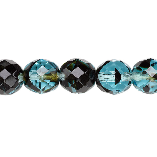 Bead, Czech fire-polished glass, black and turquoise blue, 10mm faceted round. Sold per 15-1/2" to 16" strand, approximately 40 beads. image number 0