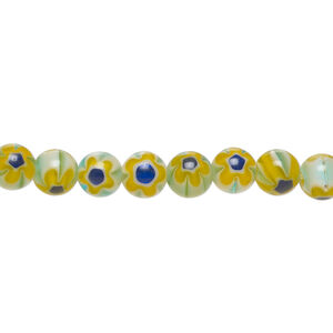 Bead, millefiori glass 1pkg1, translucent golden yellow / cobalt blue / white, 6mm round, 15 inches.